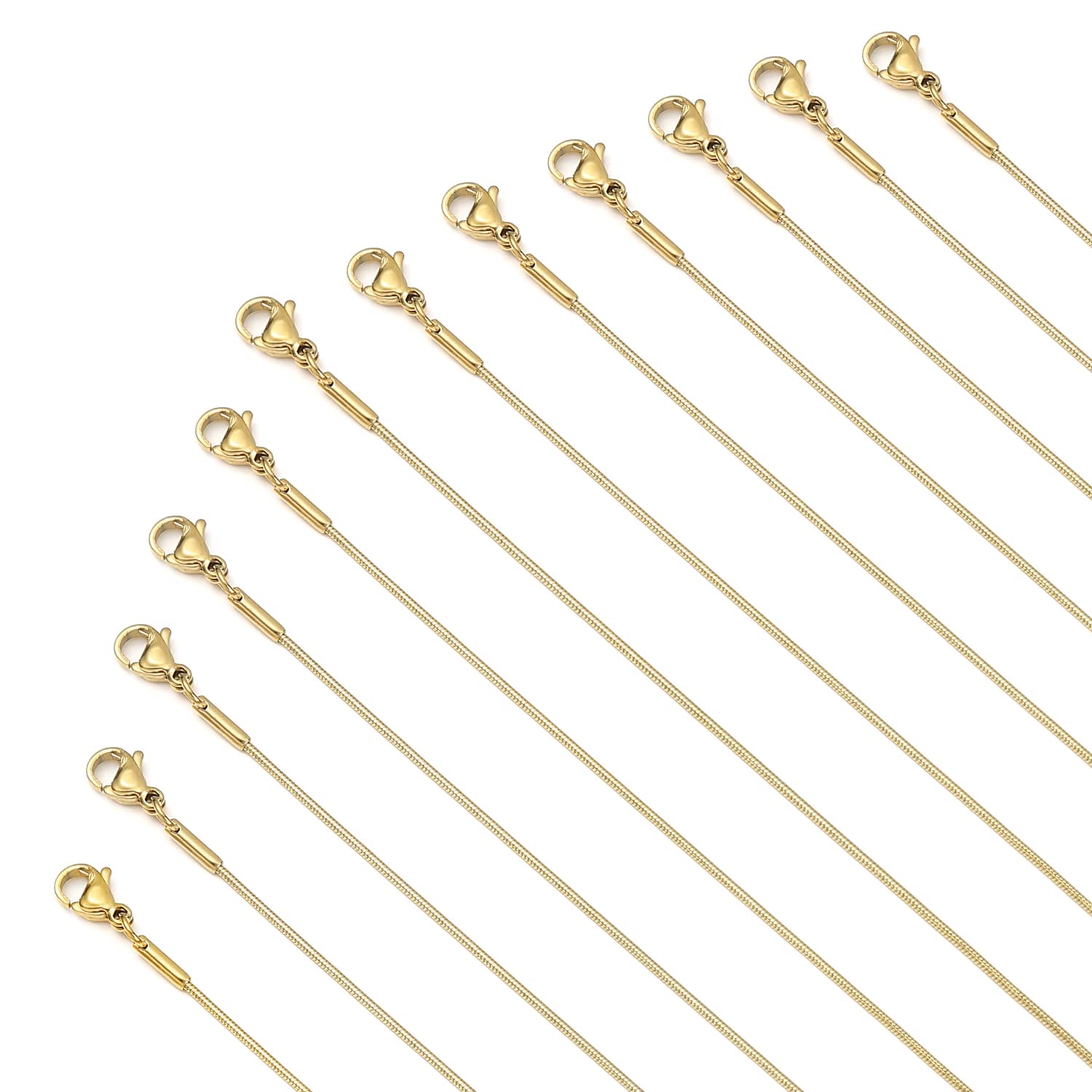 Loprome 12 Pcs Necklace Chains Gold Plated Stainless Steel Snake Chain Necklace, Thin Round Snake Chains with Lobster Clasp for DIY Jewelry Making, 1mm
