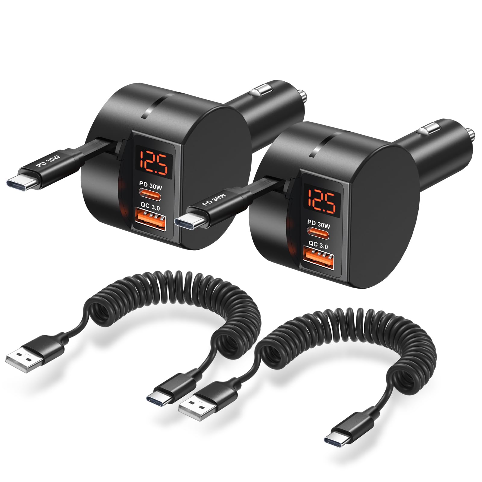 OKRAY Paquete de 2 cargadores retráctiles de coche de 78 W y 3 puertos con 2 cables de carga USB C en espiral