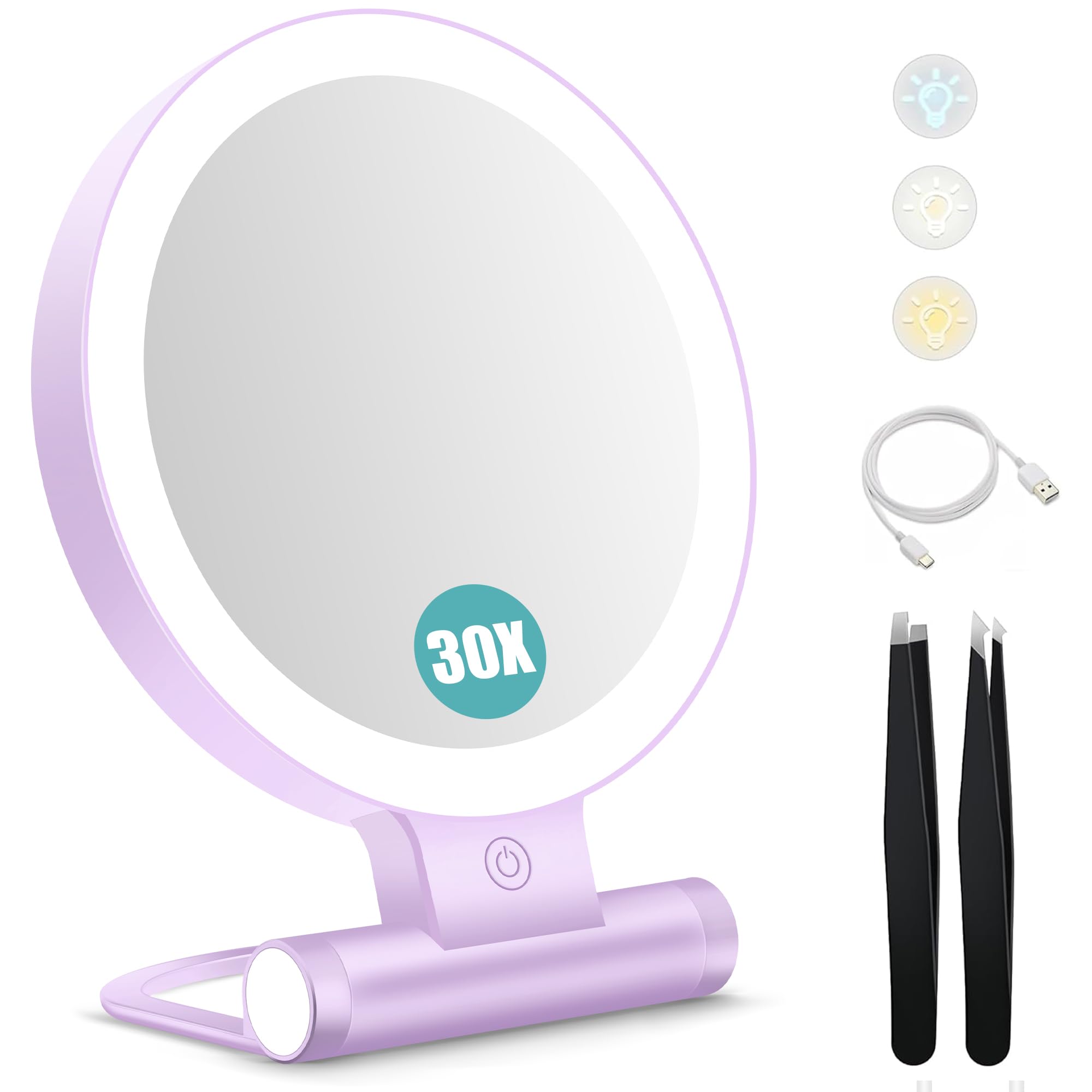 Schminkspiegel mit Beleuchtung,Doppelseitiger1X/30X Vergrößerungsspiegel mit Licht, 2000mAh 3 Farben Beleuchtungsmodi, Einstellbare Helligkeit, Faltbarer Kompakter Makeup Spiegel Reisegröße