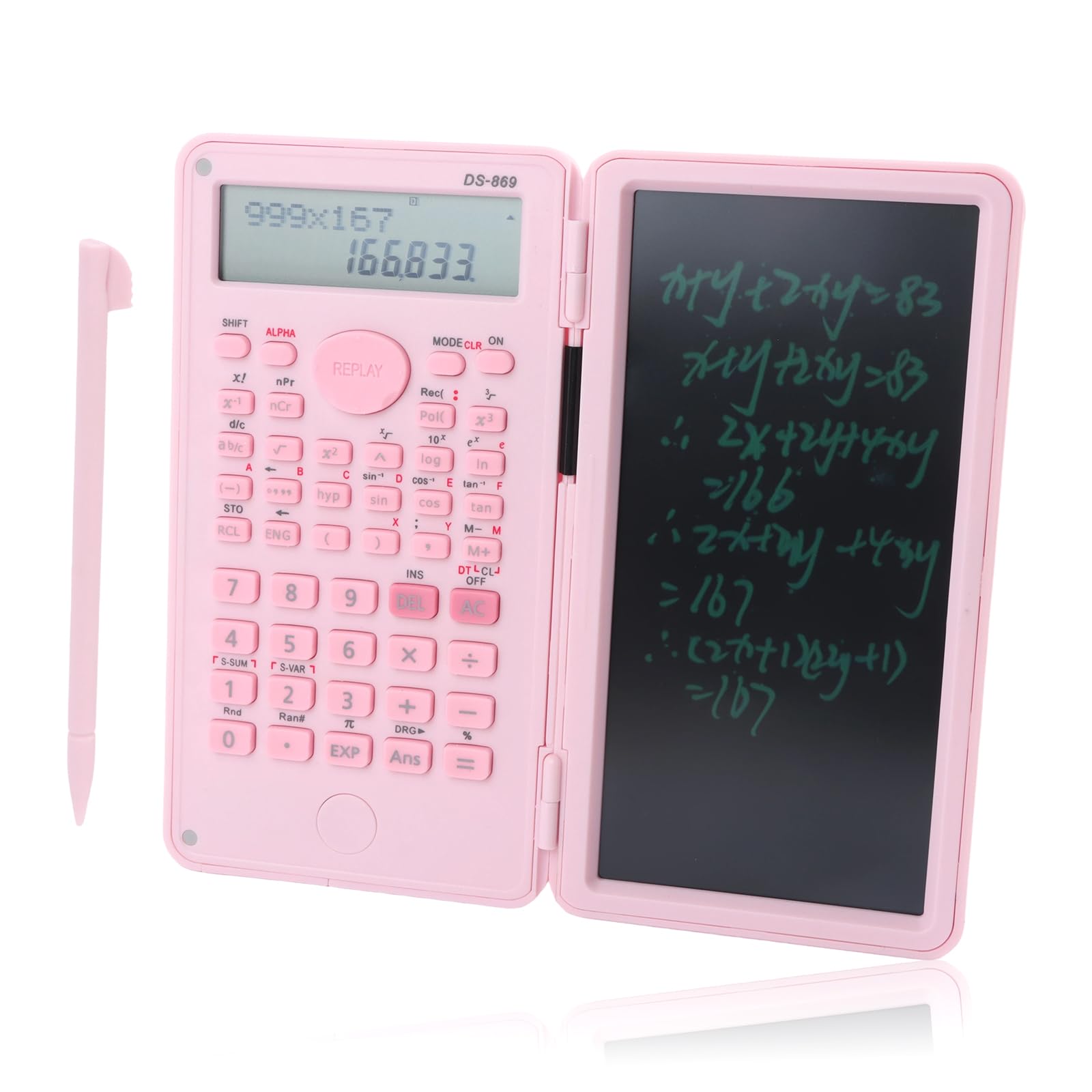 Scientific Calculator, Foldable Electronic Calculator with Erasable Writing Tablet and Pen, 240 Functions, 2-Line Display, Suitable for School Students Teachers Business Use (Pink)
