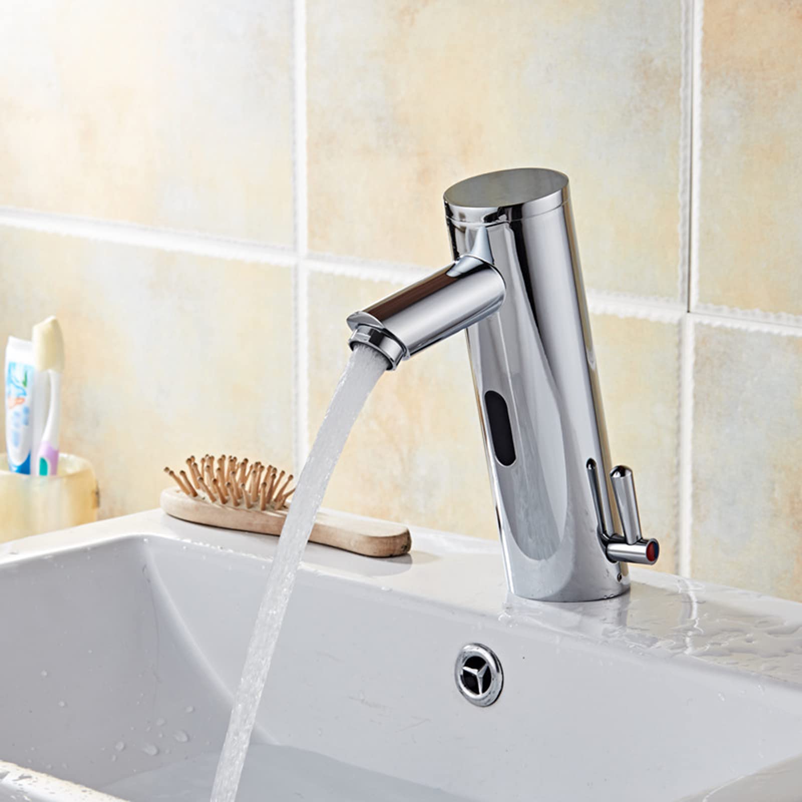 Rubinetto per lavabo da Bagno Automatico con sensore Senza Contatto, Cromato, con sensore per lavabo, rubinetti per Acqua Calda e Fredda.
