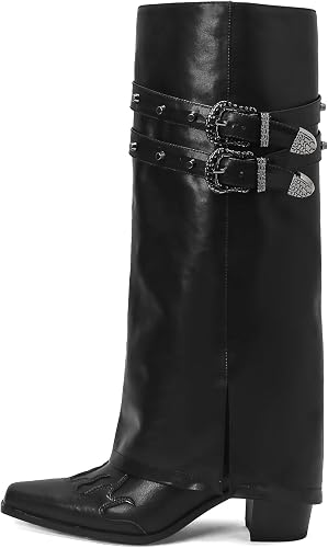 JANSEVEN Black Fold Over Boots for Women Overlay Knee High Boot Chunky Block Mid