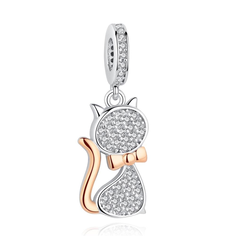 925 Sterling Silver with Pave Clear CZ Miss Kitty Pendant Drops Charms Fit Snake Charl Bracelet