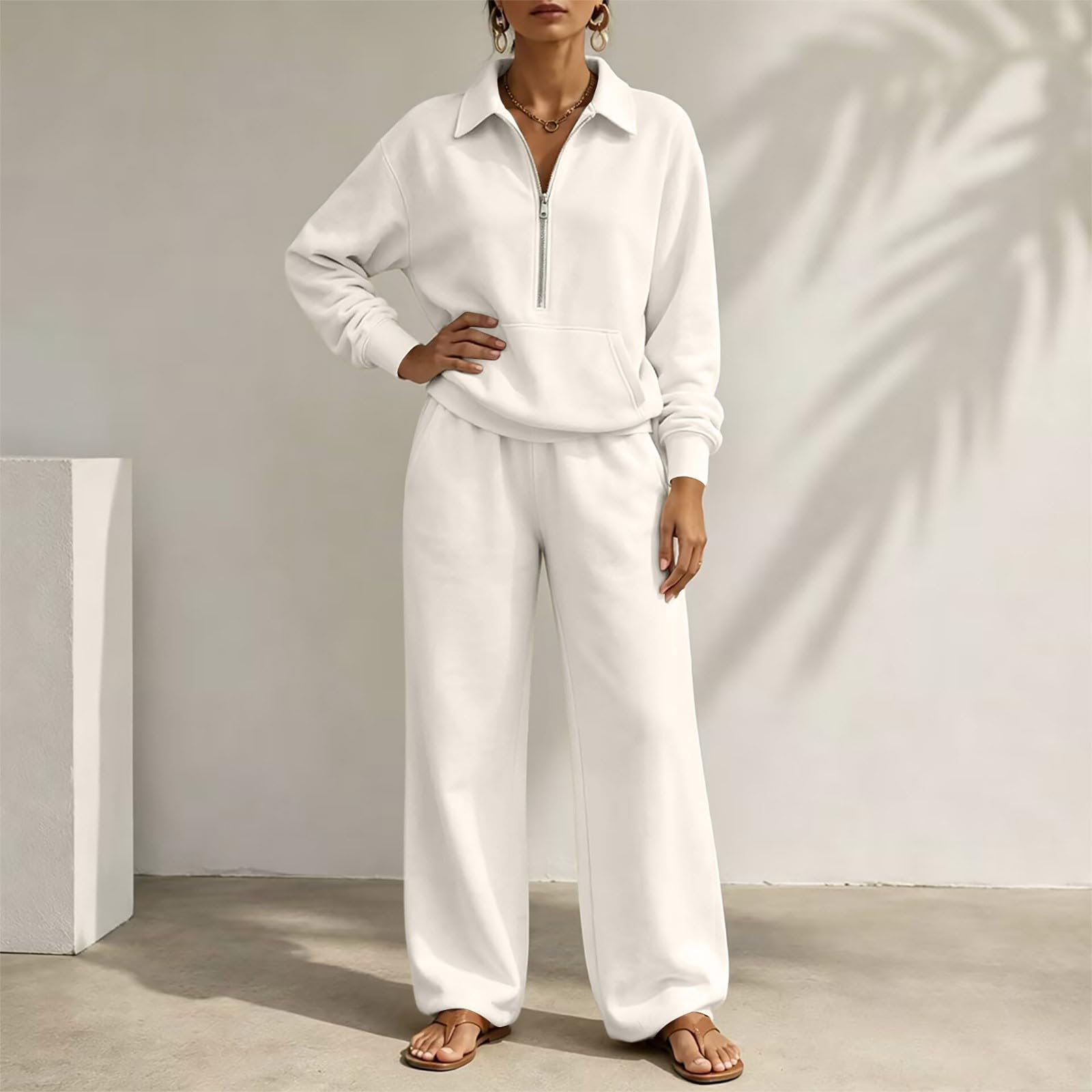 Tuta da donna, set completo con felpa a mezza zip, pantaloni da jogging a gamba larga, 2 pezzi, in pile sottile, caldo, con colletto con risvolto, set casual allentato per palestra, allenamento