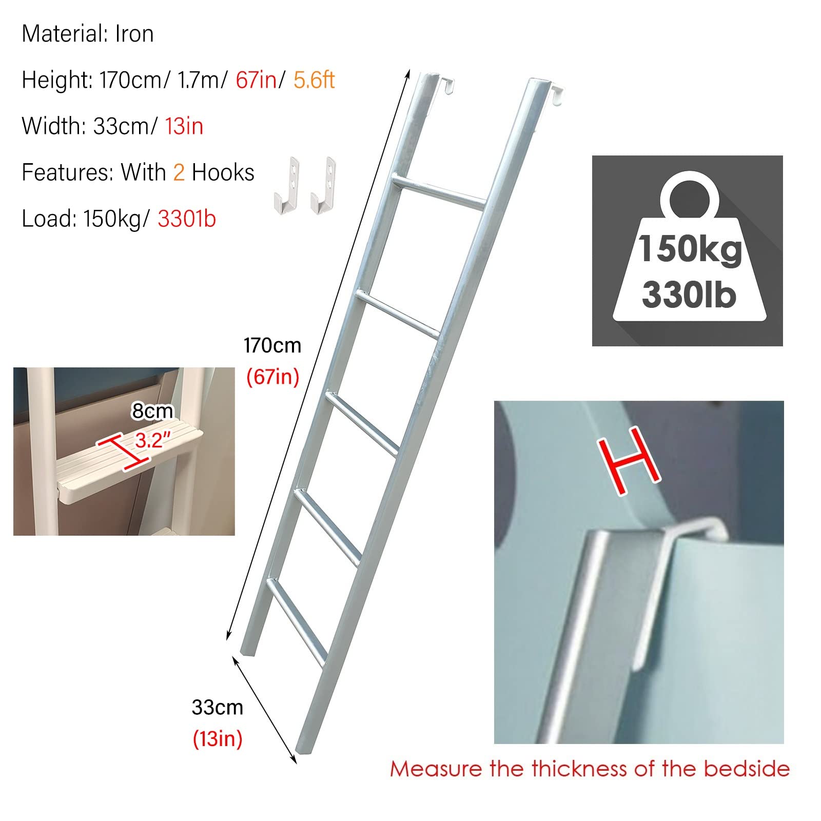 Scala per cuccetta per camper, 59 61 63 65 71 pollici Scala per letto alta con pedale e ganci da 3,6"8 cm, dormitorio per la scuola domestica Letti gemelli Scala laterale per rimorchi da viaggio per