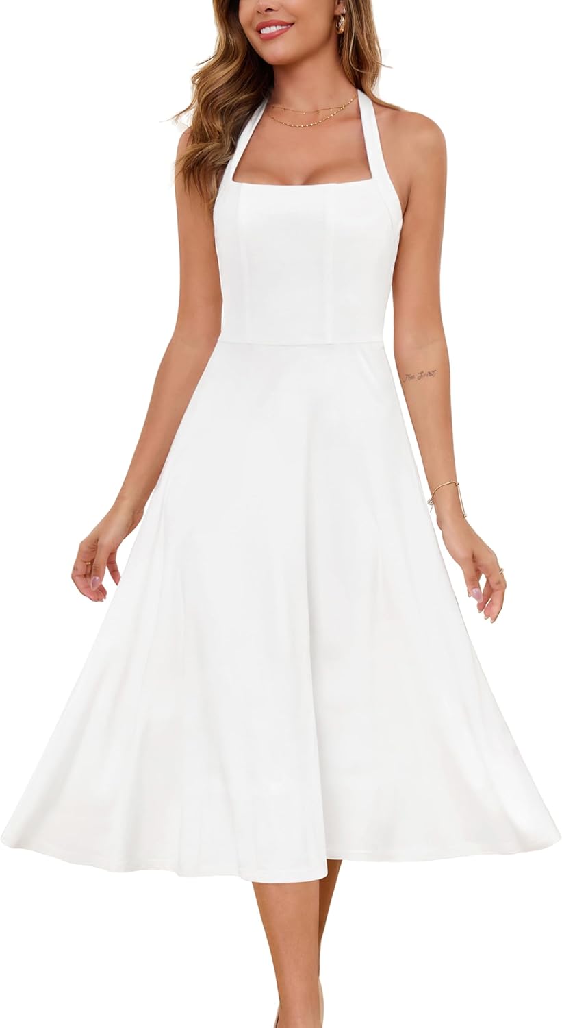 Zattcas Womens 2025 Spring Summer Halter Neck Sleeveless Flowy Swing Wedding Guest Dress Prom Cocktail Party Midi Dress