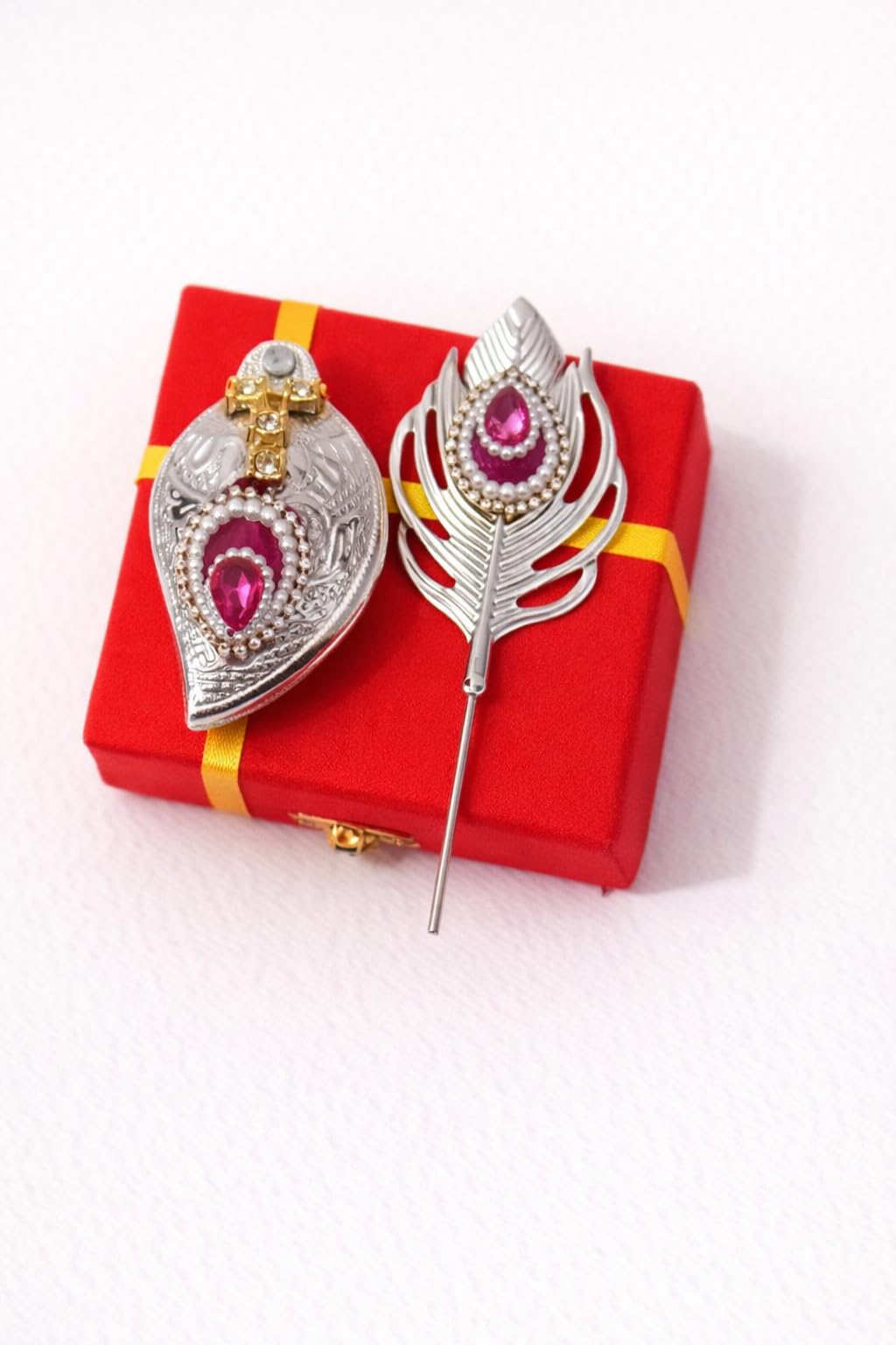 New silver sindoor chopda with pink stone beaded and pink stone beaded tilak stick in gift boxfor Wedding | Pooja Articles - Multi-Purpose gifting set (Sindoor Dibbi) Festive special 4 INCH-image-25
