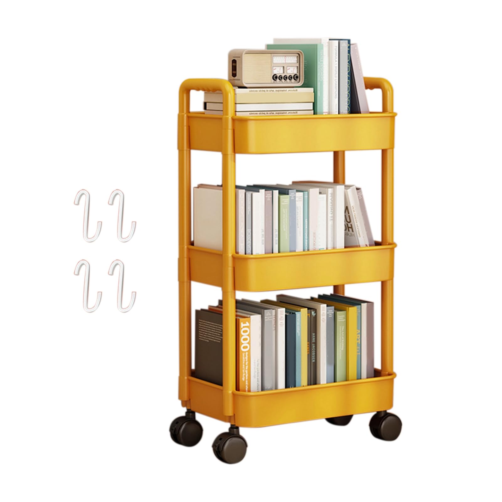 (similar) Rolling Cart with Wheels 4-Tier Storage Rack with Wheels Sturdy Construction Large Capacity Strong Load-bearing Mobile Rack Trolley Bookshelf Yellow