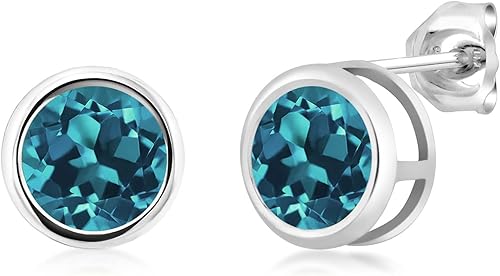 Gem Stone King Aretes de plata de ley 925 con topacio azul Londres para mujer (2.66 quilates, piedra natal redonda de 0.256 in), Metal Gema, Topacio
