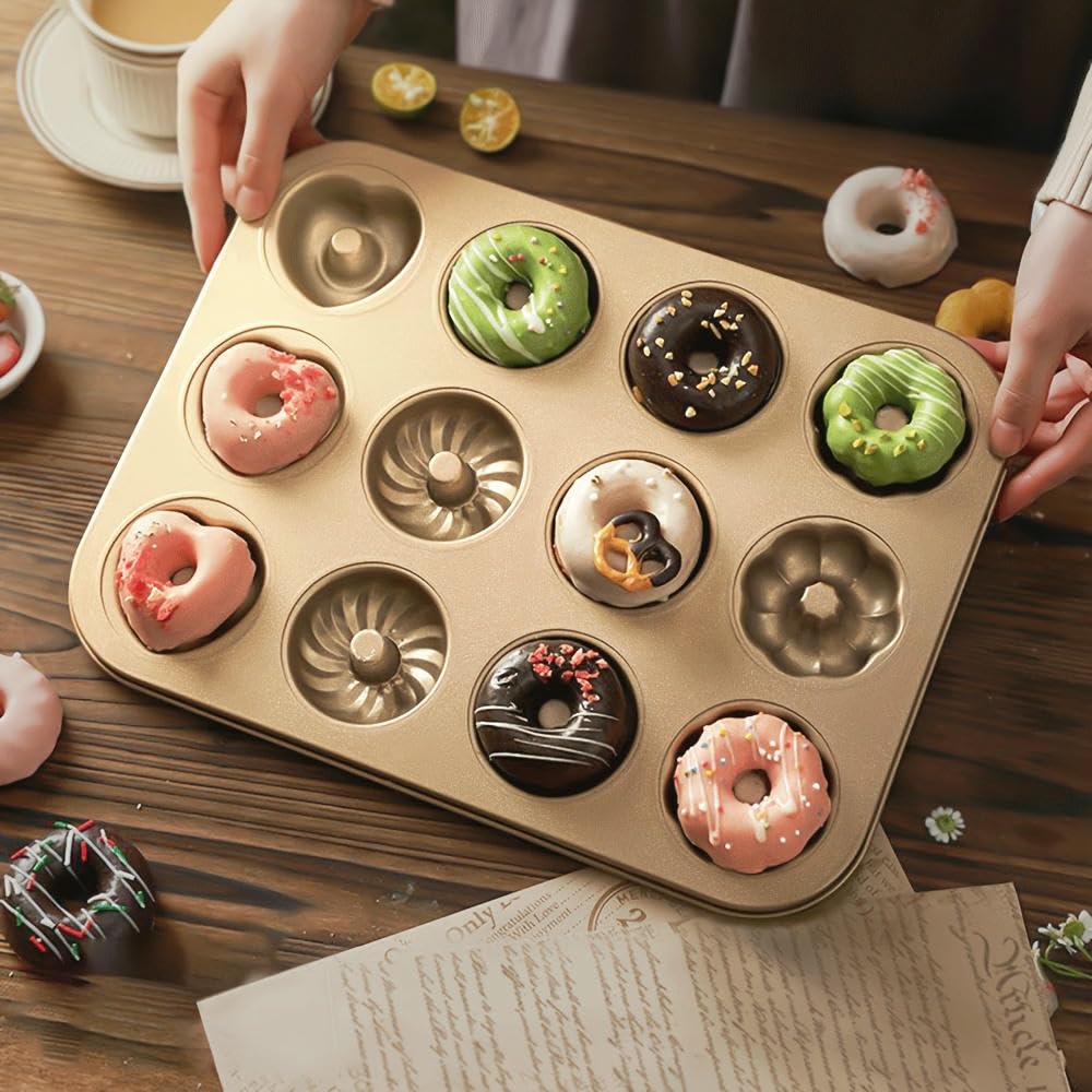 NYSDM Moule à Beignets antiadhésif à 12 cavités avec 4 Motifs Plateau Polyvalent Beignets Gâteaux Biscuits Bagels Muffins Pâtisserie DIY