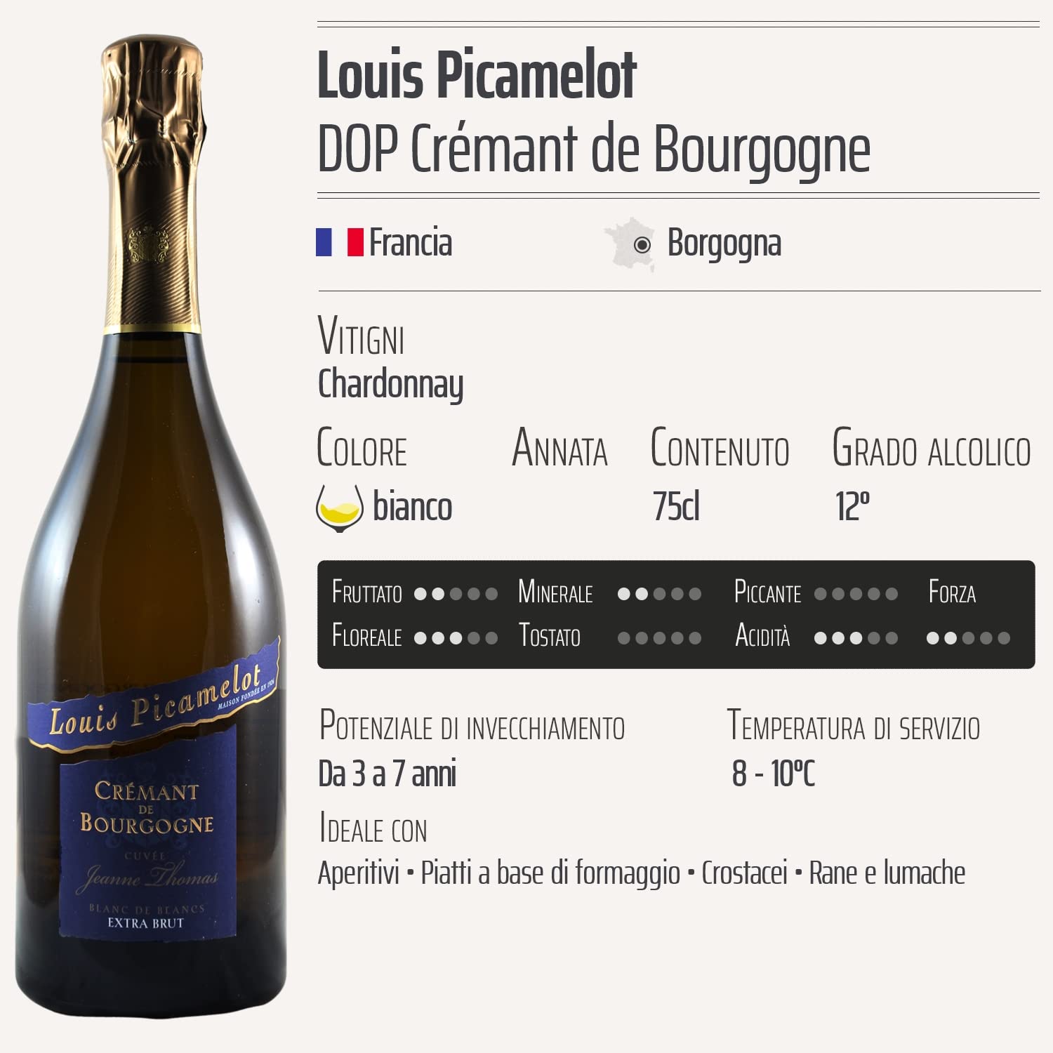 Crémant de Bourgogne bianco de Blancs Jeanne Thomas Brut - Louis Picamelot - DOP - Borgogna - Francia - Vitigni Chardonnay - 6x75cl