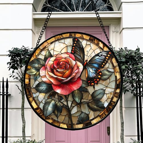 Image of Stained Glass Window Hanging, Red Rose Black Butterfly Suncatcher for Doors Home Sun Catchers Decoration and Christmas, Mother's Day Birthday Gifts for Women, Men, and Mom 6.3x6.3 in