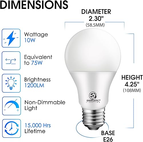 Miniatura 2 de Energetic - Bombilla LED A19 equivalente a 75 W, blanco cálido, 3000 K, 1200 lúmenes, certificación UL, base estándar E26, bombilla LED no