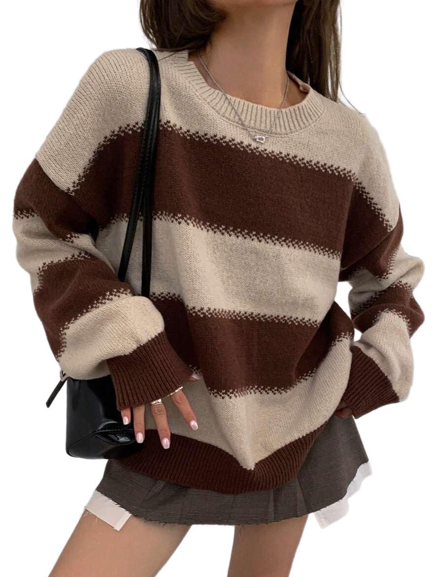 Mywinway Striped Sweaters Women Fall Winter Long Sleeve Crew Neck Oversized Knit Trendy Fashion Pullover Sweater Tops