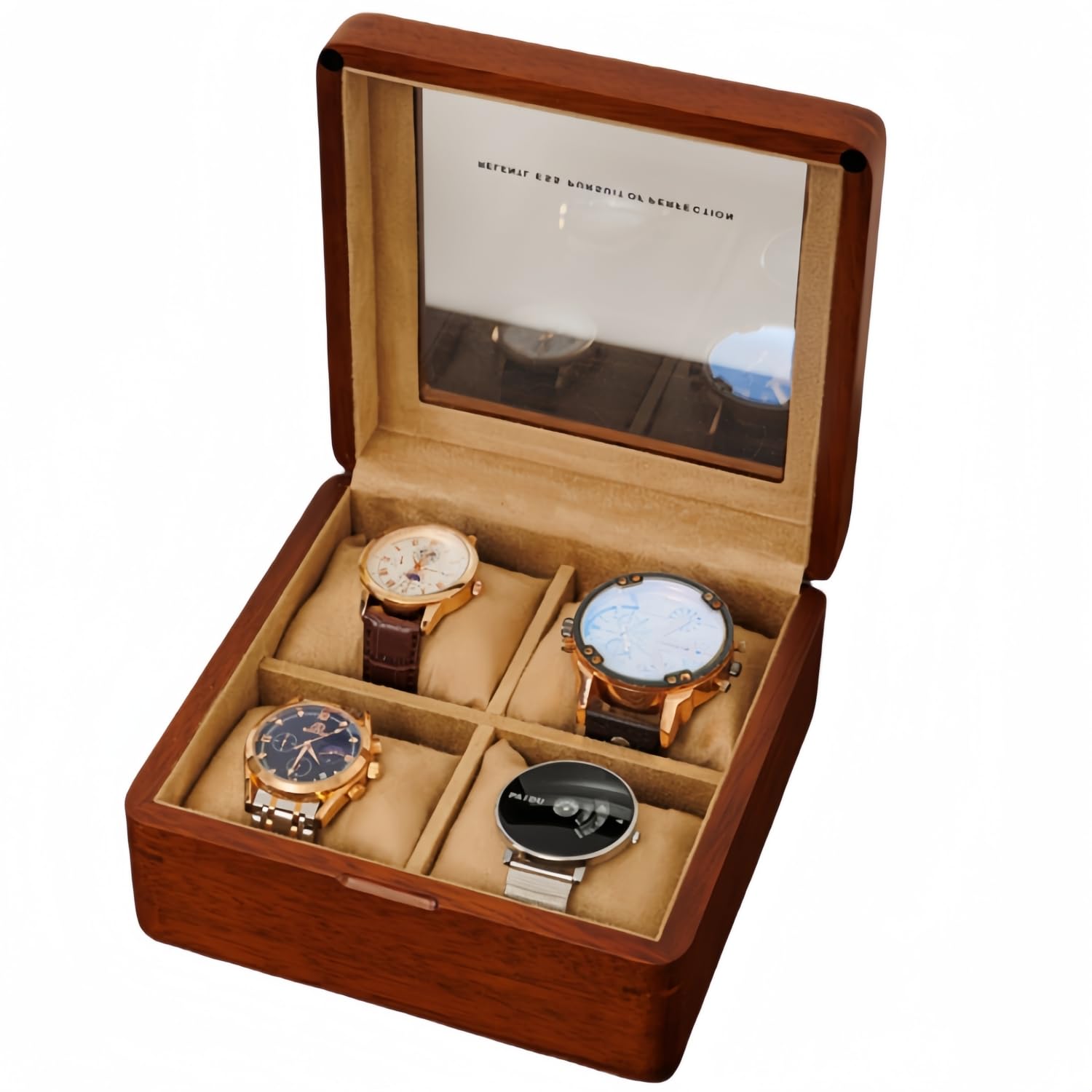 Caja de reloj para hombre, caja de reloj de madera de 4 ranuras con tapa de cristal, organizador de almacenamiento para reloj de hombre, estuche de viaje