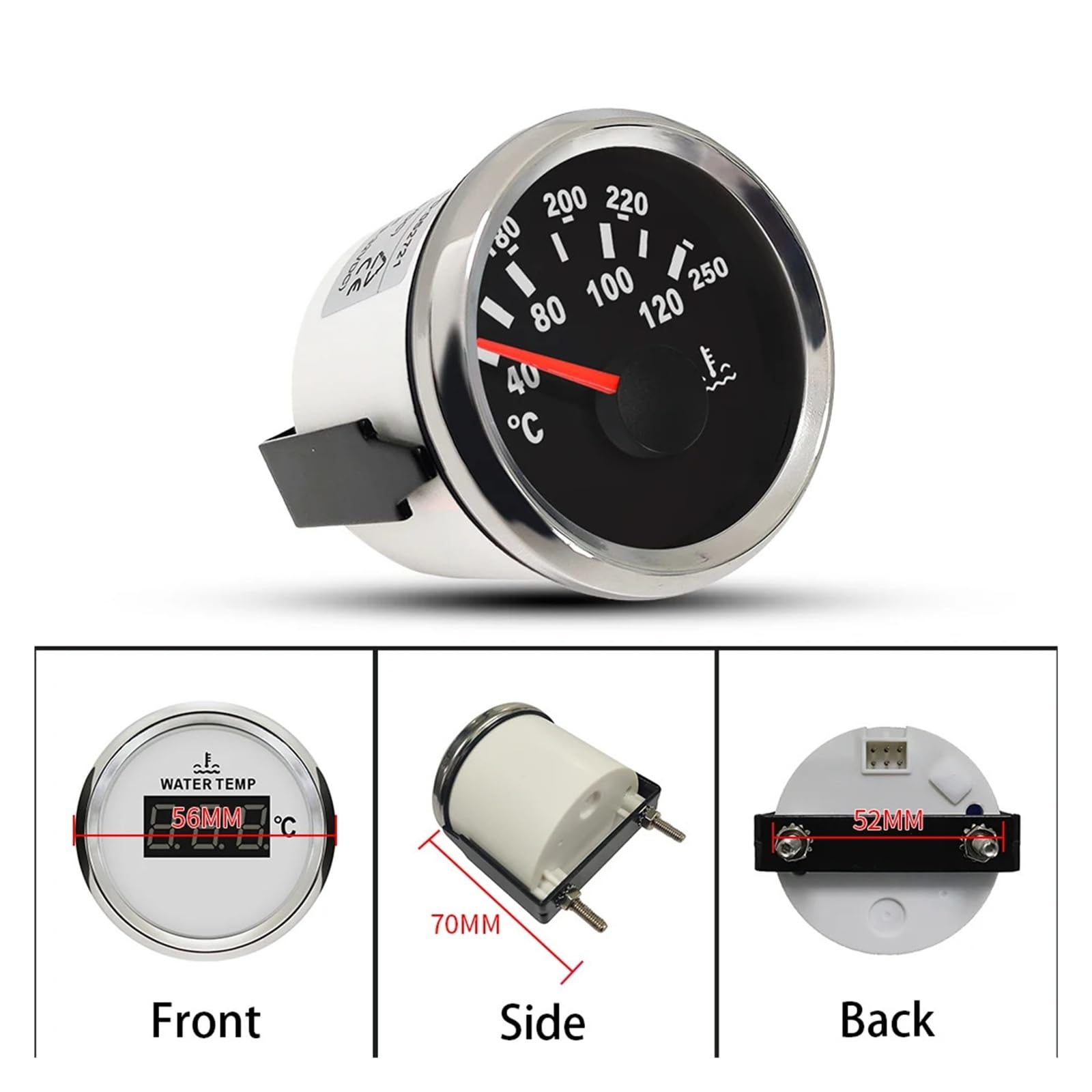 Medidor de temperatura del agua digital de 52 mm y 2 pulgadas, medidor de temperatura, 40-120 ℃ 9-32 V con luz de fondo roja Lectura clara(White silver)