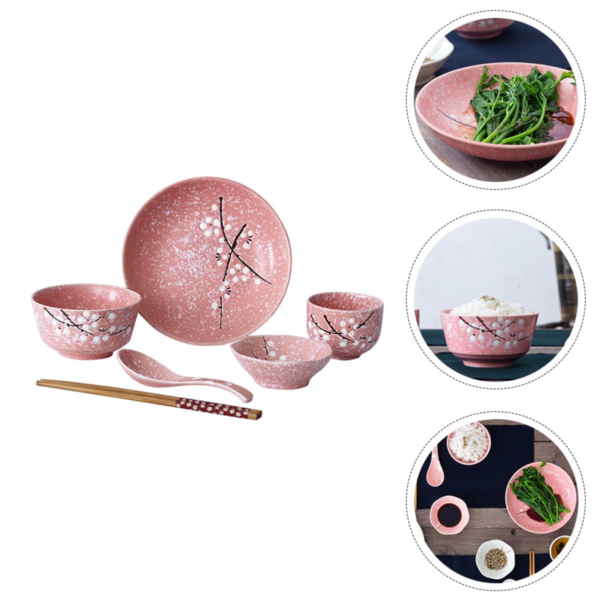 Veemoon 1set Stoviglie Giapponesi in Ceramica Rosa Servizio da Tavola Elegante con Ciotole Piatti Cucchiai Bacchette e Tazze Superficie Liscia Facile da Pulire per Uso Quotidiano
