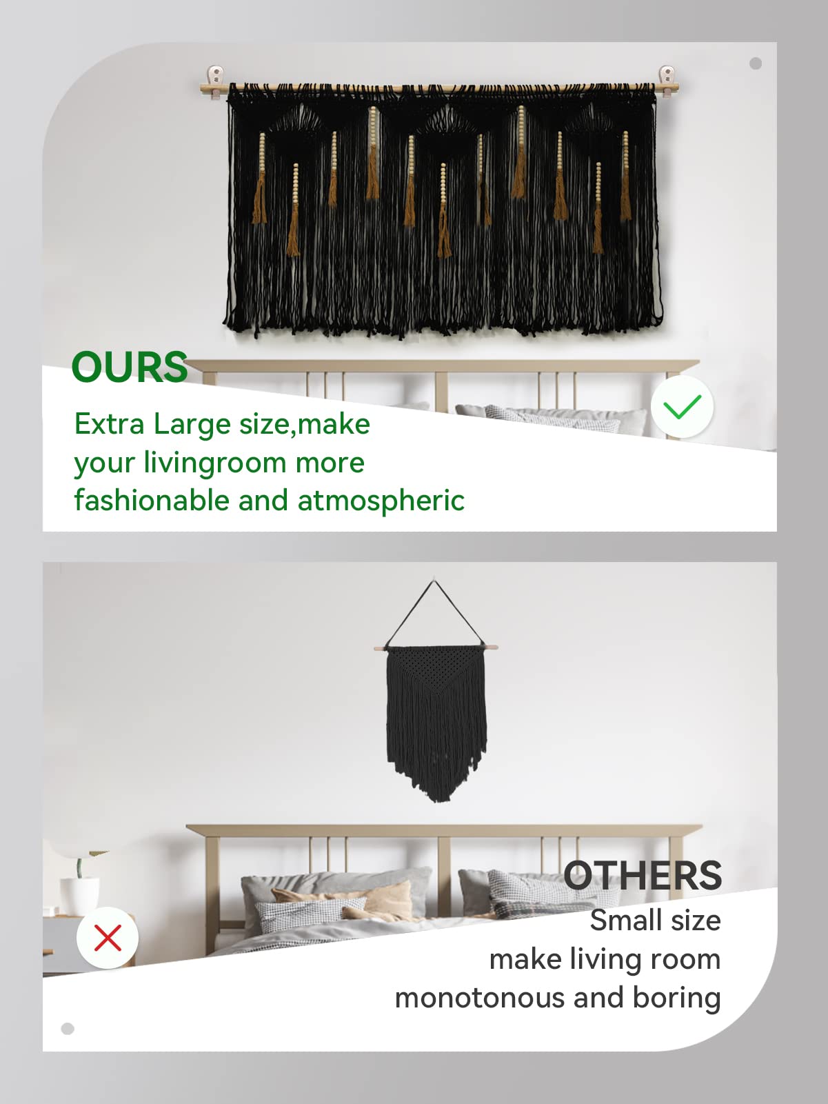 ANPHSIN Extra Large Macrame Wall Hanging, 70.8"×39" Boho Tapestry Wall Decor, Cotton Tassel Macrame Curtain, Black Chic Bohemian Wall Art for Home Living Room Bedroom Dorm (Includes Hanging Rod)