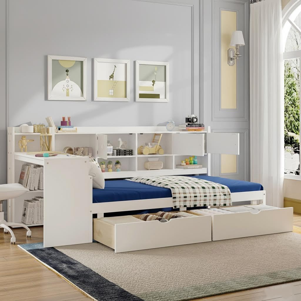 Twin Size Daybed Bed with Drawers and Shelves, Wood Corner Bed with Bookcase and Desk, Twin Daybed Frame with Desk for Kids Teens Adults, White