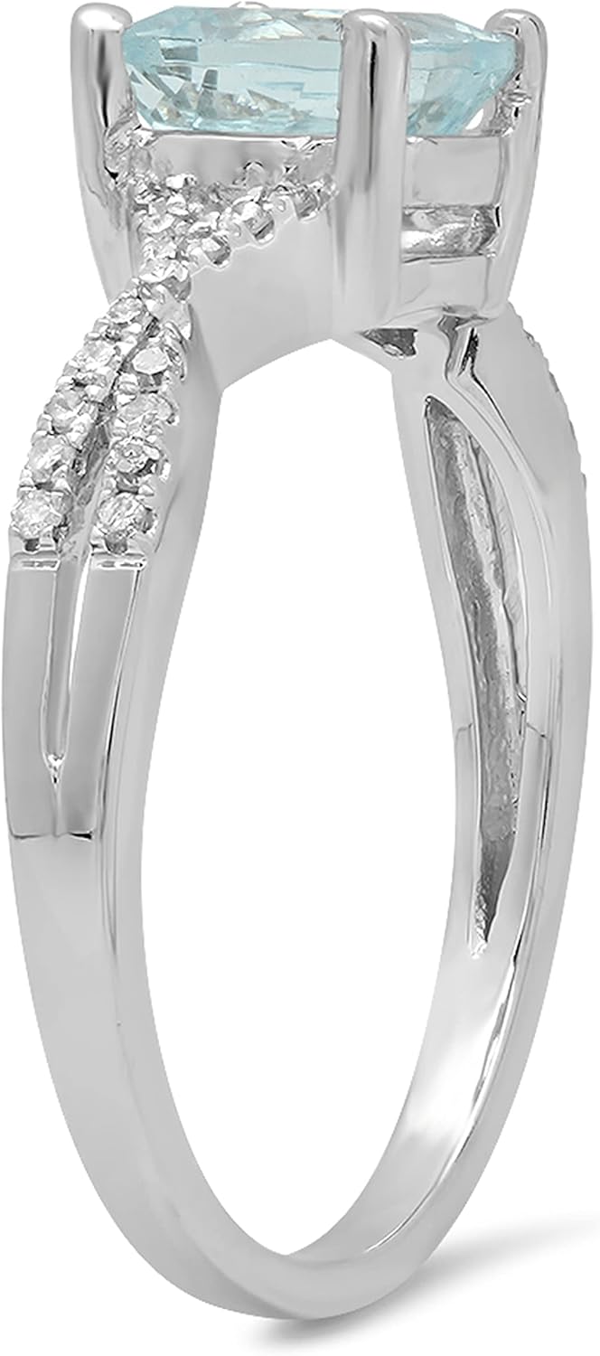 Dazzlingrock Collection 7MM Cushion Aquamarine & Round White Diamond Swirl Crisscross Split Shank Engagement Ring for Women, 14K Solid White Gold, Size 6.5