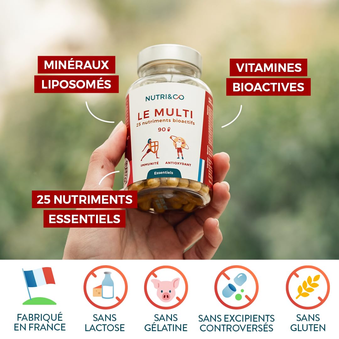 NUTRI & CO Multivitamines et Minéraux 25 Nutriments - Vitamines A B C D3 E K2 + Minéraux dont Magnésium et Zinc - Haute Absorption - 90 Gélules Vegan Friendly Conditionné en France