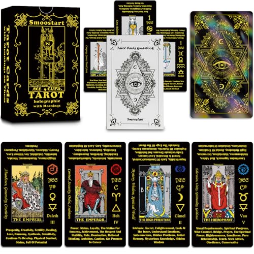 Smoostart Holografische Englische Tarotkarten mit Bedeutungen, Tarotkartendeck mit Leitfaden für Anfänger, Schlüsselwörter, Element, Planet, Chakra, Ja oder Nein, Numerologie