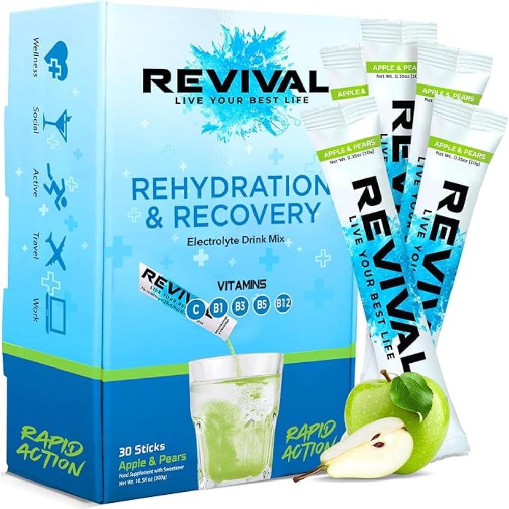 Revival Rapid Rehydration Electrolytes Powder - High Strength Vitamin C, B1, B3, B5, B12 Supplement Sachet Drink, Effervescent Electrolyte Hydration Tablets - 30 Pack Apple Pear