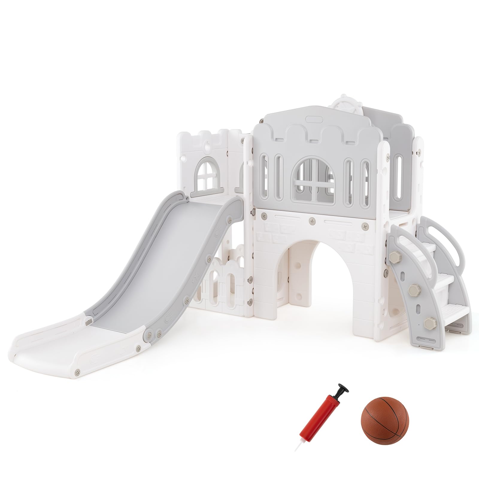 RELAX4LIFE 9 in 1 Scivolo per Bambini, Parco Giochi con Canestro da Basket, Scala da Arrampicata, Telescopio e Tunnel, Giochi Montessori per Bambini 1 Anni + (Classico, Bianco+Grigio)