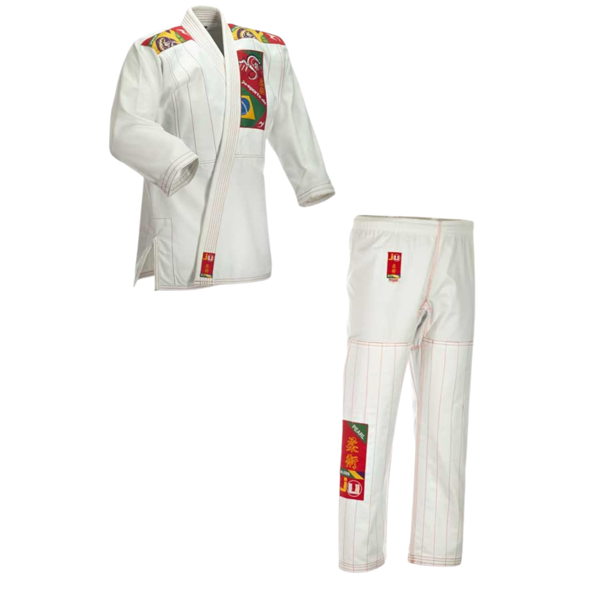 Ju-Sports BJJ Gi Kids Weiß I Leichter, schlanker Brazilian Jiu Jitsu Anzug speziell für Kinder, BJJ Gi im bunten Design inkl. weißem Gurt, 100% Baumwolle