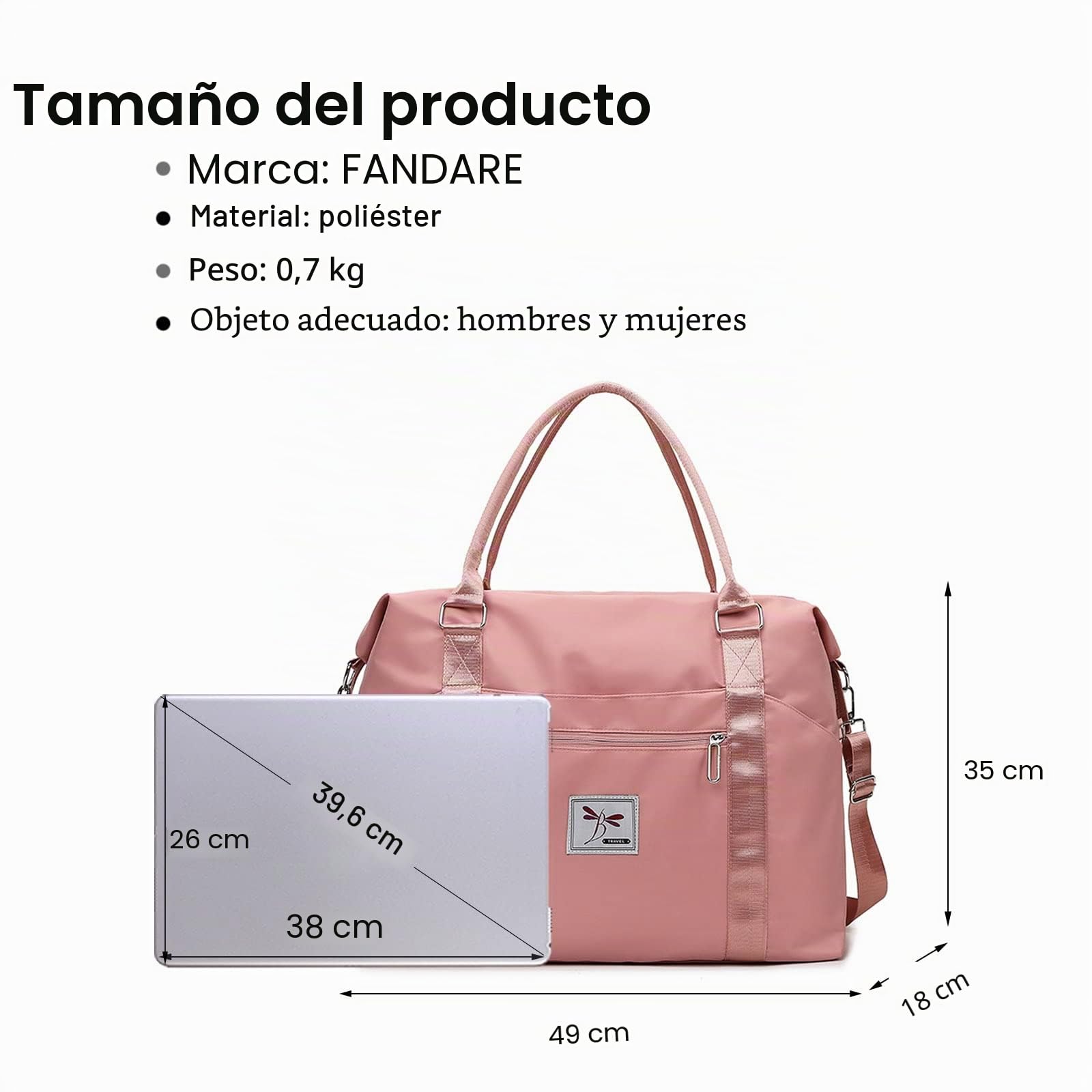 FANDARE Mujer Bolsa de Viaje Bolsas de Gimnasia Hombre Bolsas de Deporte Bolsa de Hombro Tote Travel Bag Bolsa de Fin de Semana Bolso Senderismo Maleta de manomochila de Viaje Rosa