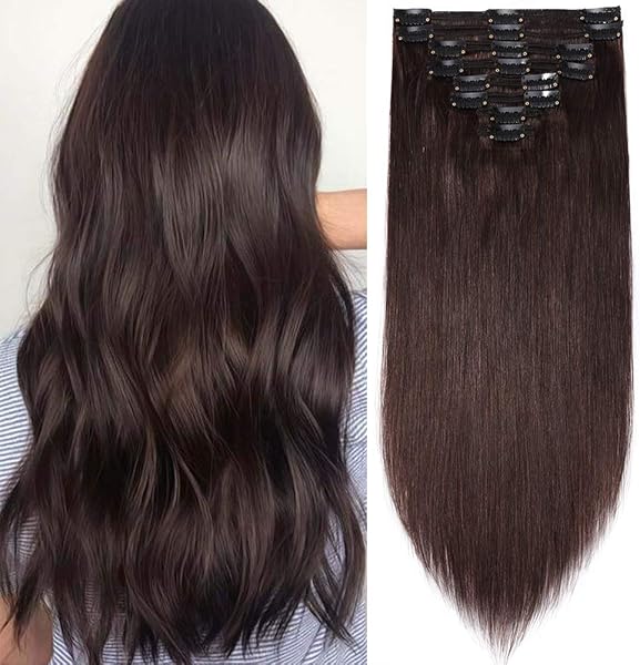 SEGO Clip in Extensions Echthaar Haarverlängerung Haarteil Doppelt 8 Teile hitzebeständig glatt Dunkelbraun#2 24"(61cm)-170g - 1