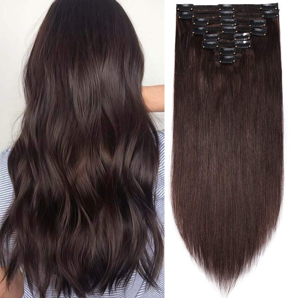 SEGO Clip in Extensions Echthaar Haarverlängerung Haarteil Doppelt 8 Teile hitzebeständig glatt Dunkelbraun#2 24"(61cm)-170g - 2