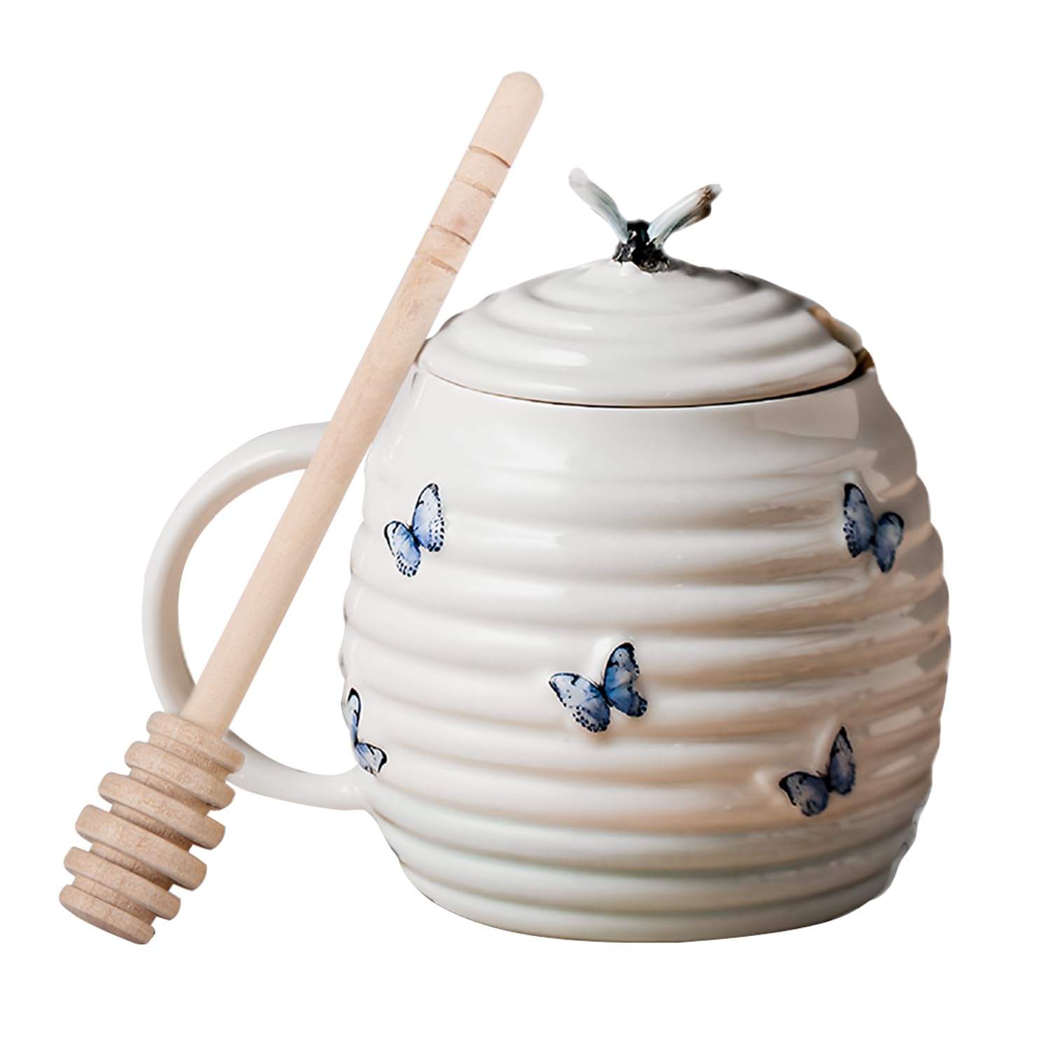 Mageeki Ceramic Honey Jar with Dipper, Butterfly Pattern Honey Pot and Drizzler, Porcelain Honey Storage Jar with Lid for Home and Kitchen Use