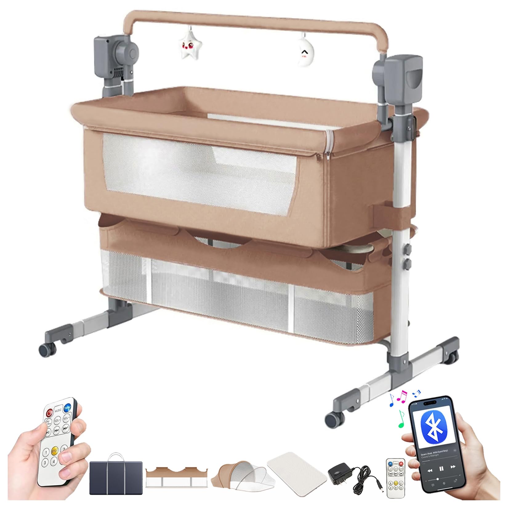 Magic ZC Electric Bluetooth Smart Next to Me Crib, Convertible Baby Bedside Crib, Foldable Co-Sleeping Bassinet, Infant Bedside Sleeper Cradle with Music, Remote and 5 Swaying Gears (601 Brown)