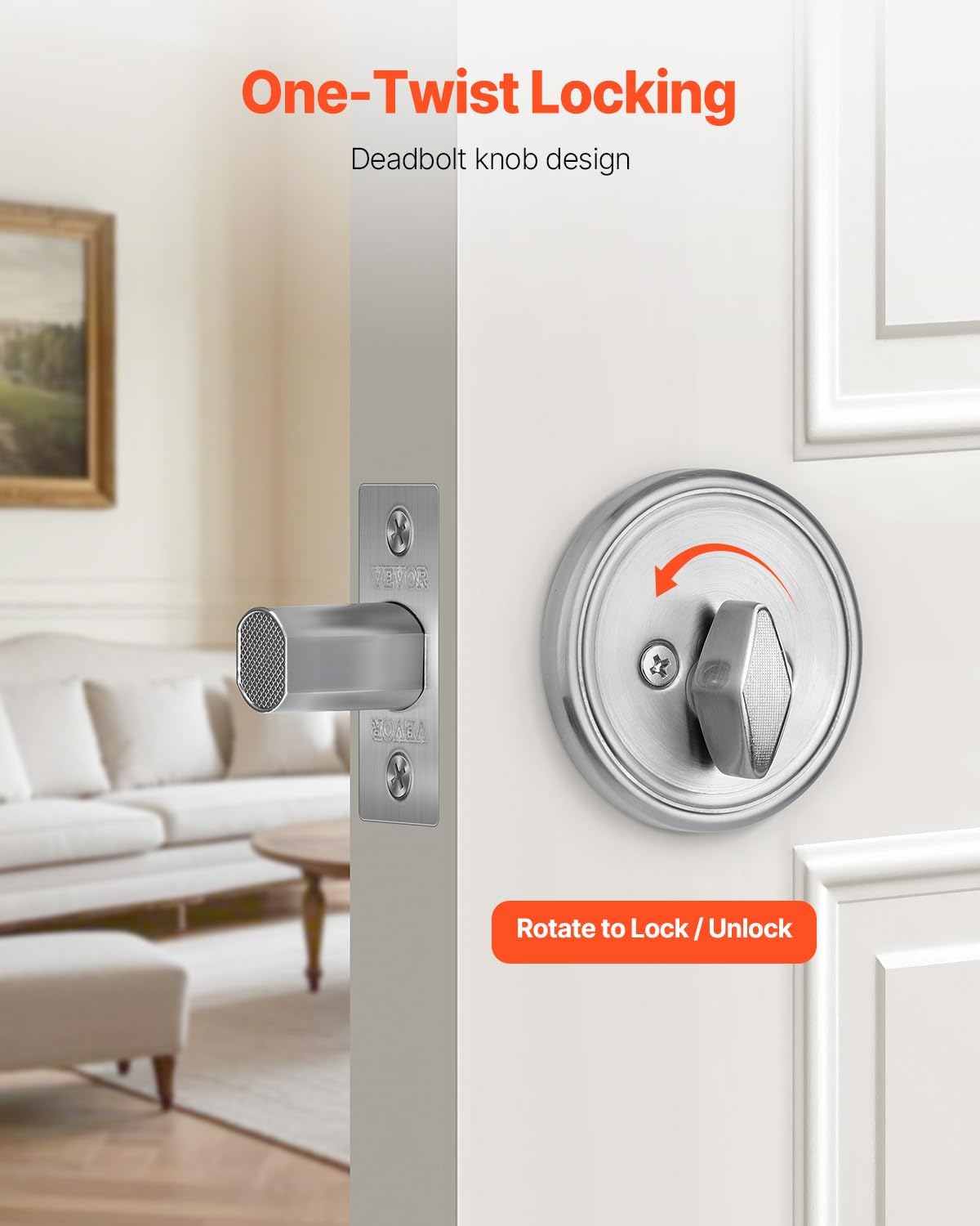 VEVOR Deadbolt Lock, Round Single Cylinder Dead Bolt, Keyed 1 Side, Fits Standard Size Interior and Exterior Doors, Full Metal, with 3 Keys, for Front Entry Door Residential Security, Satin Nickel