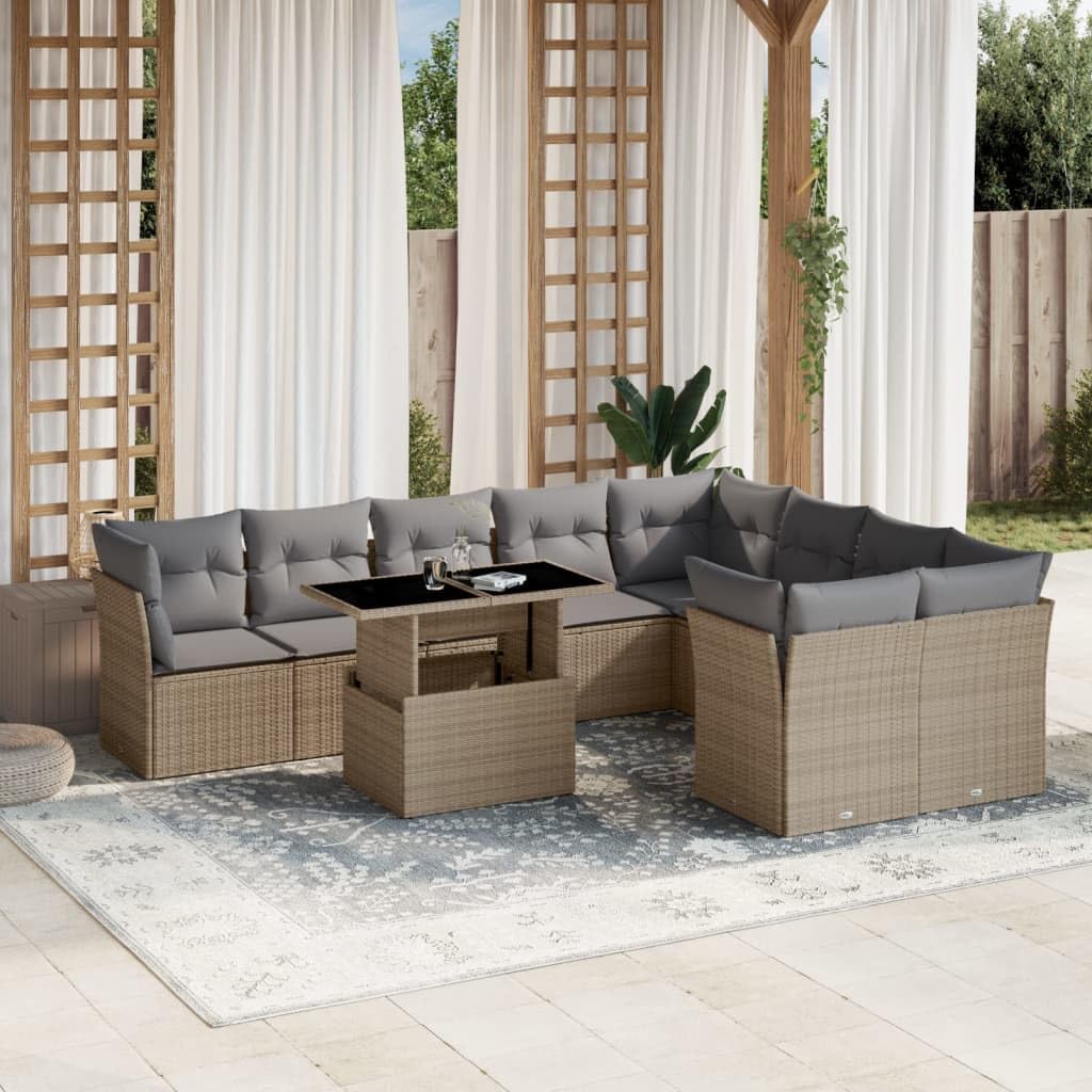 Set Divano da Giardino 10 pz con Cuscini Beige in Polyrattan,Set di Conversazione per Patio,Set Salotto da Esterno,Set Divano da Giardino Esterno-3266839