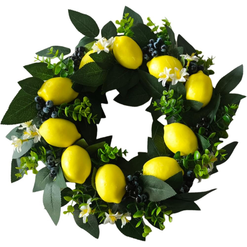 Baokuan Artificial Lemon Wreath Spring Summer Fruit Wreath with Yellow Lemon and Artificial Green Leaves for Front Door, Window and Wall Hanging Decorations