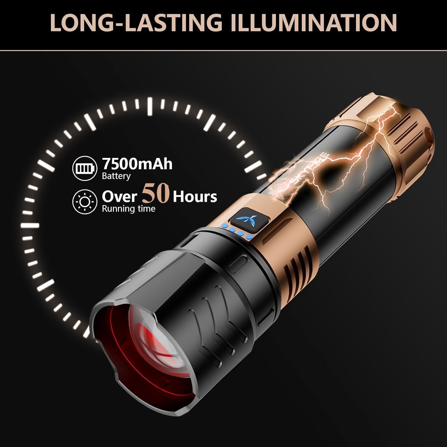 SKYFIRE Rechargeable Flashlights High Lumens Plus with Ignition Lens,3000lm Super Bright Flashlight,7500mAh,Zoomable,Waterproof Tactical Flash Light for Camping Essentials Outdoor Home&Gifts-Upgraded