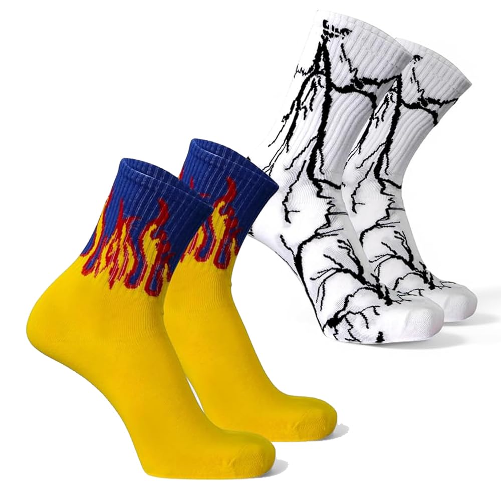Flame & Lightning Crew Socks for Men & Women | Trendy Street Style Cotton Socks | Breathable Casual Fashion Socks | Soft Stretch Long Crew Socks for, Sports & Sneakers 2 Pair-picture-23