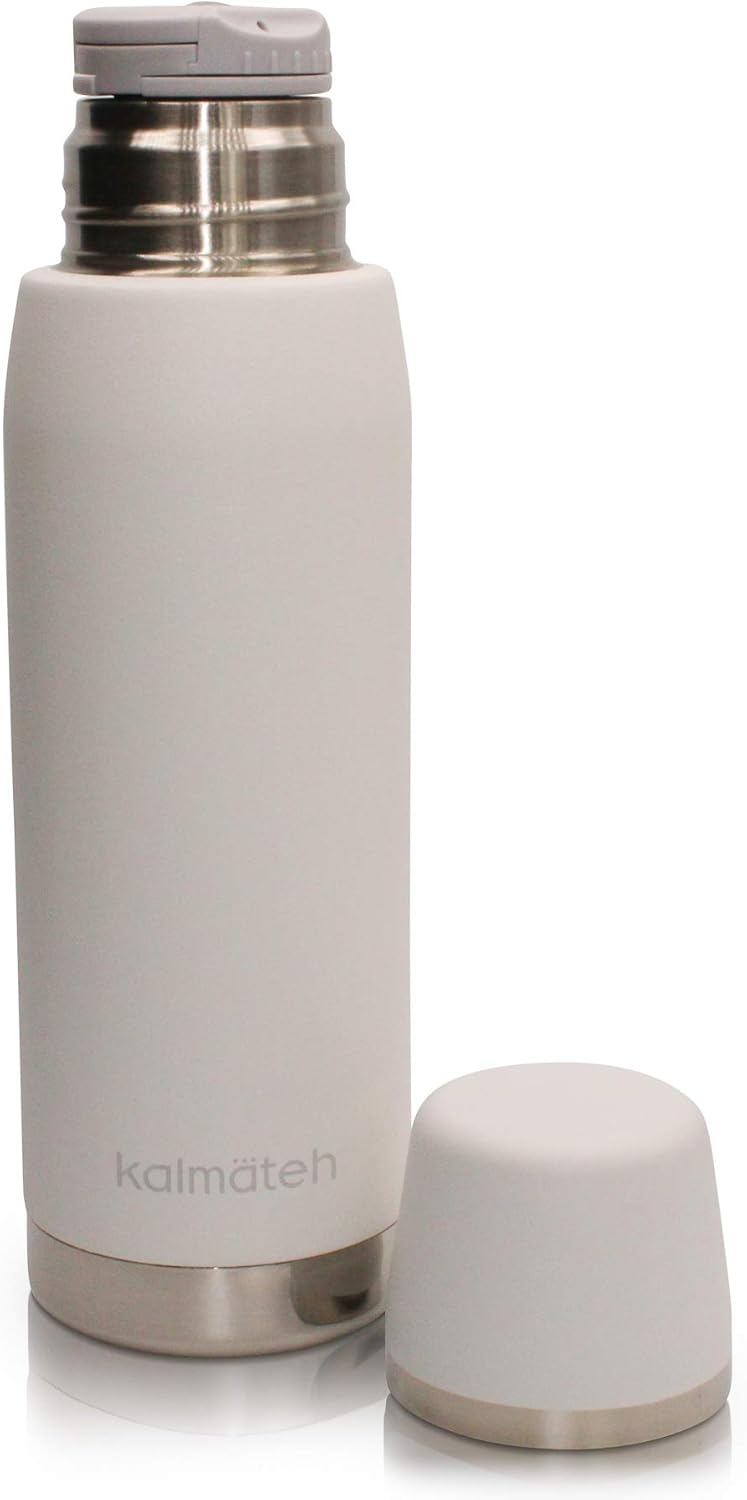 KALMATEH Yerba Mate Gourd and Thermal Double Walled Vacuum Insulated Stainless Steel Bottle Set- Small Yerba Mate Gourd 5oz, 760ml Bottle, Bombilla Filter Straw and Cleaning Brush (White)