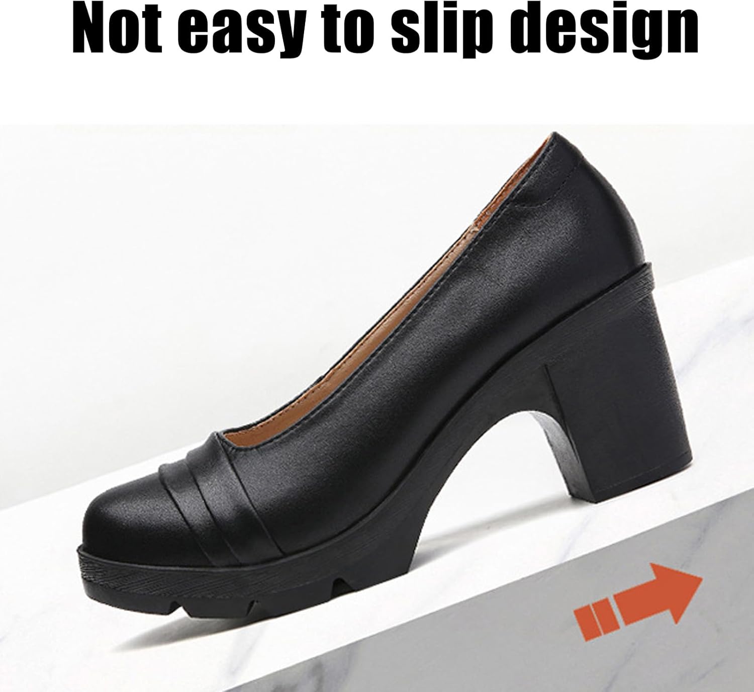 Women's Leather Chunky Block Heel Pumps Classic Round Toe Comfortable Slip On Work Office Dress Shoes Formal Vintage Wedding Shoes - Image 6
