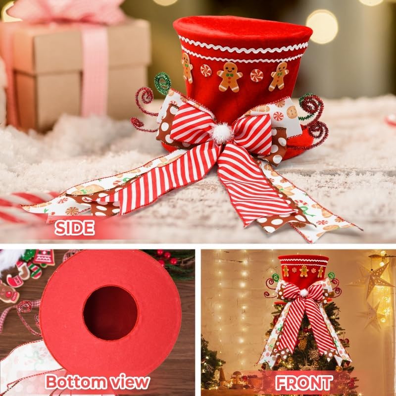Gingerbread Christmas Decorations Indoor, Red Velvet Christmas Tree Top Hat with Gingerbread Man Motif, Baking-Themed Gingerbread Man Tree Tooper Hat Decor, Candy Cane Christmas Decorations