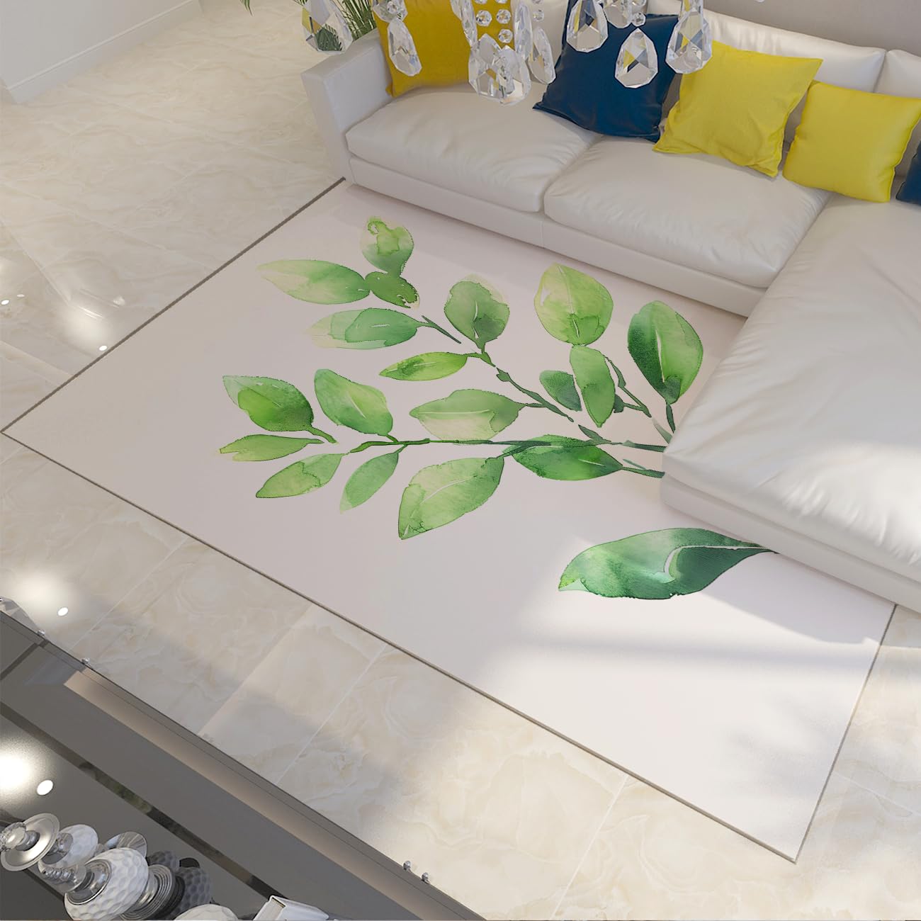 Tapis de salon 160x200cm blanc et vert à motif feuilles de style botanique moderne