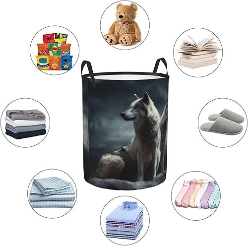 Miniatura 6 de Cesta circular con estampado de lobo en la noche, impermeable, cesta organizadora de lavandería, con asas, para ropa, juguetes, tamaño mediano