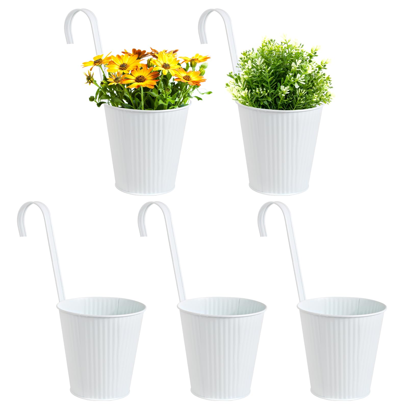 5pcs Maceta Colgante Metal Blanca, Maceta Cubo Flores Plantas, Cubo Macetero con Gancho Extraíble, Maceta Cubo Planta Jardín Pared Balcón Valla Hogar Patio Exterior Interior, con Agujero