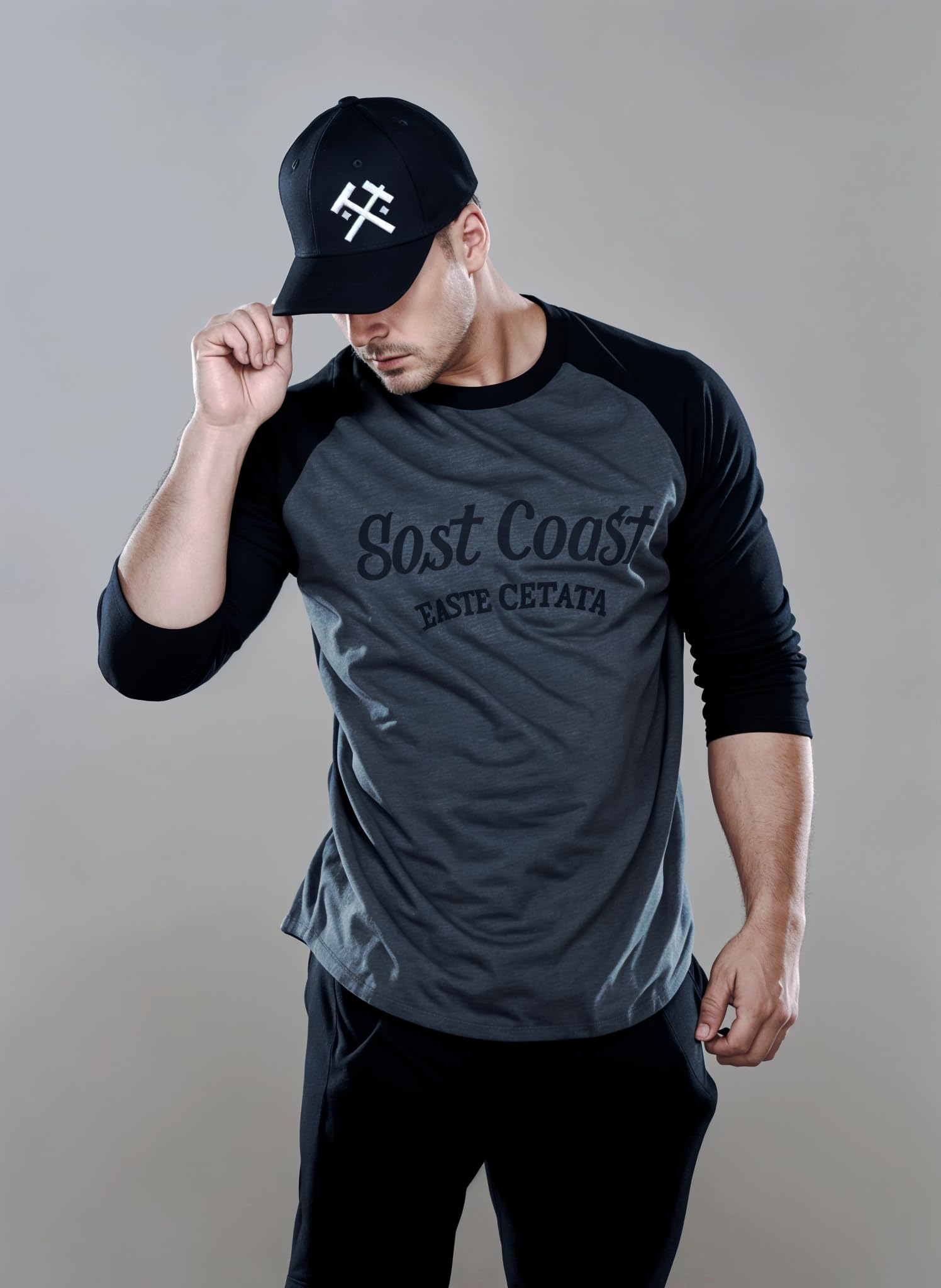 hot button Raglan Pattern Round Neck Slim Fit Full Sleeves Casual T Shirt for Men Black & Grey Pack of 1-picture-42