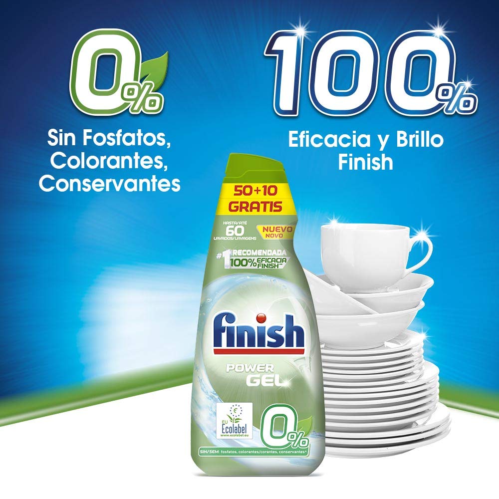 Finish 0% Gel Detergente para Lavavajillas, Certificado Ecológico - 60 Dosis