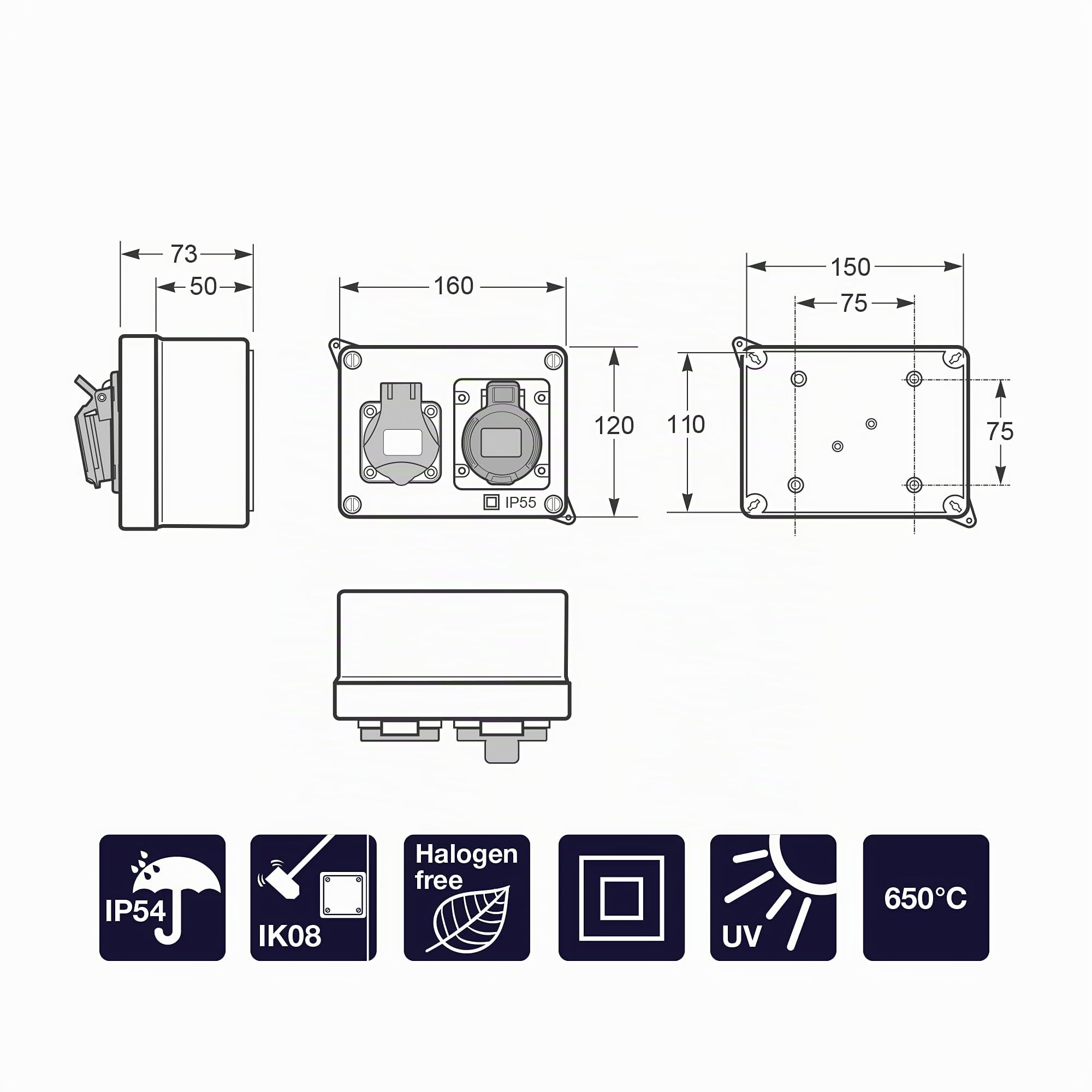 FAMATEL - Caja estanca IP44 | 1 toma 2P+TTL 16A | 250V | 1 toma 3P+T 16A | 380V | Azul y Rojo