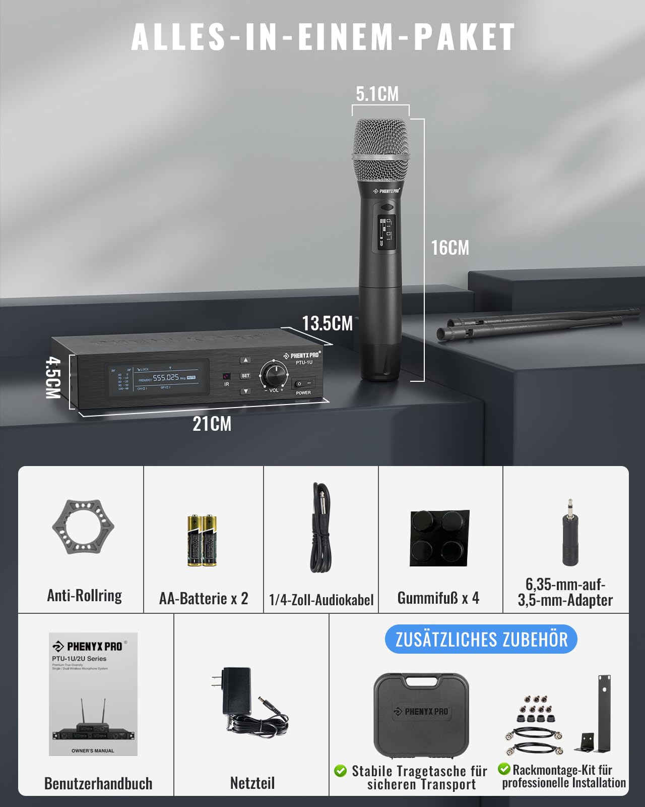 Phenyx Pro UHF True Diversity Funkmikrofon-System PTU-1U-1H | Auto-Scan, 1000 einstellbare Kanäle, 328 ft Reichweite, IR-Sync, Dynamisches Handmikro, Gesang, Bühnengesang, Studioaufnahme