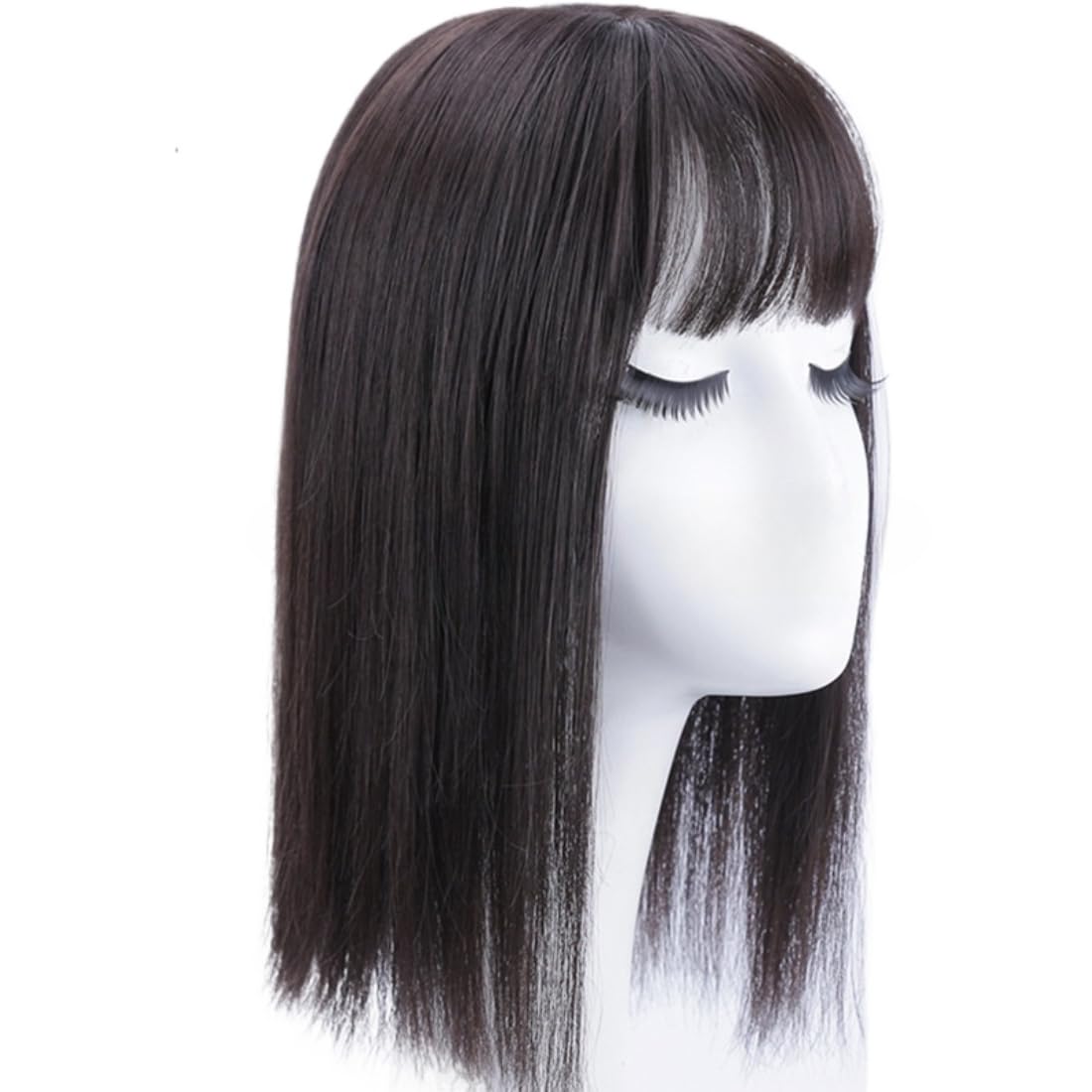 Clip In Toppers Human Hair Synthetic Hair Wiglet Hairpiece with Bangs for Women Thin Hair White Hair (Natural black,25cm)